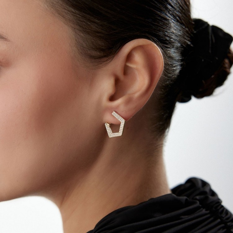 Taşlı Beşgen Halka Küpe | 2.85 Gram 14 Ayar Altın